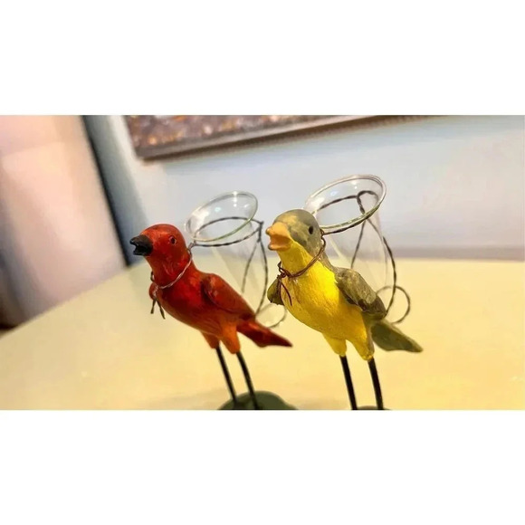 Set of 2 Hand-painted Birds Finch Decorative Vase Candle Holders - Picture 5 of 10